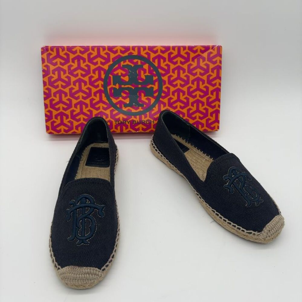 Tory Burch Dawson Espadrille Herring Embroidered Logo in Navy Size 7